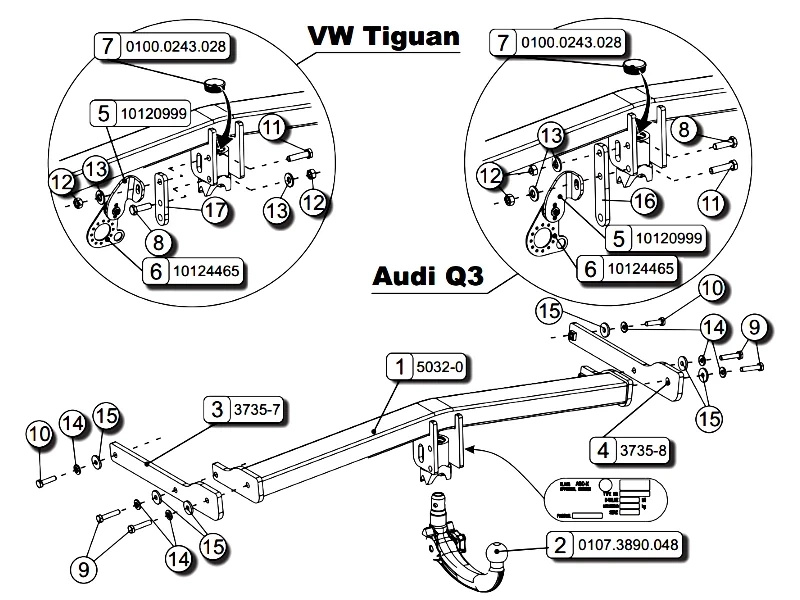 Wypinany pionowo hak holowniczy ORIS Volkswagen VW Tiguan I 2007-2018 + Moduł 13PIN