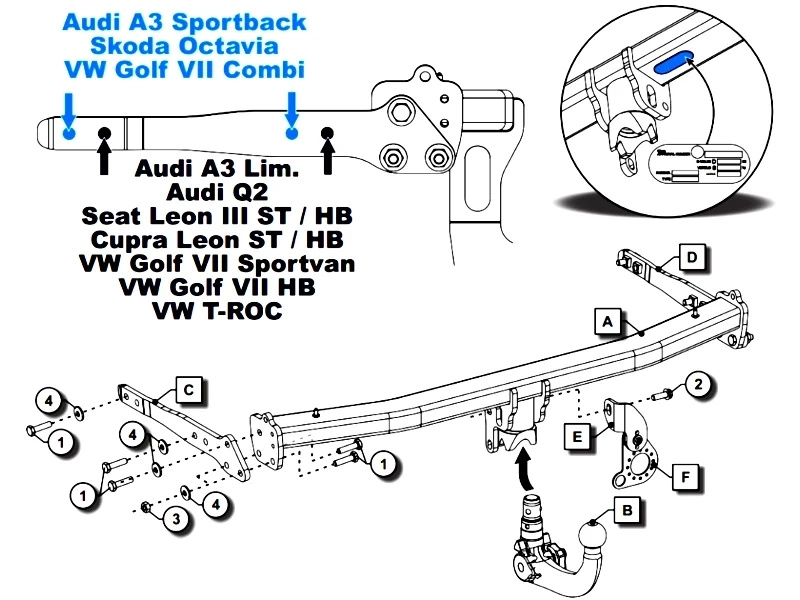Wypinany pionowo hak holowniczy ORIS VW Volkswagen Golf VII MK7 Hatchback 2012-2019 + Moduł 13PIN